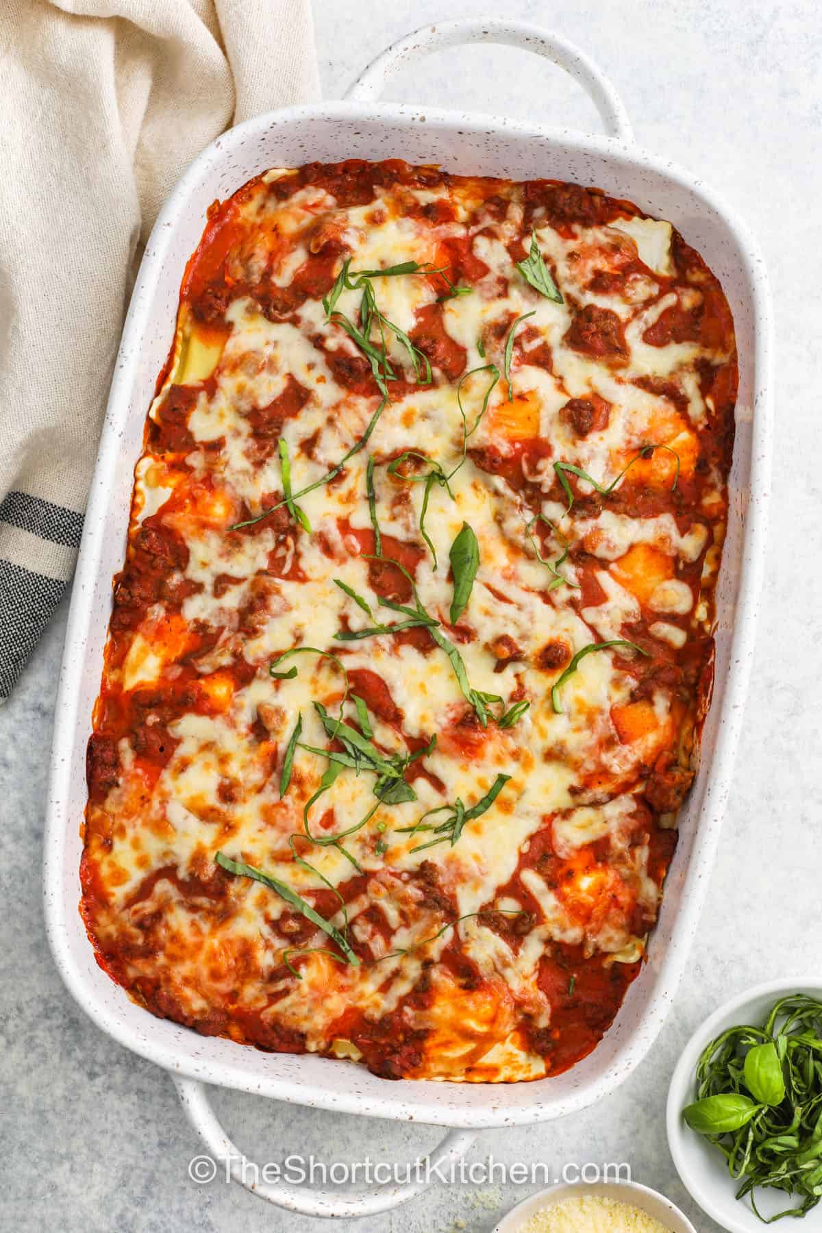 Frozen Ravioli Bake baked in a casserole dish