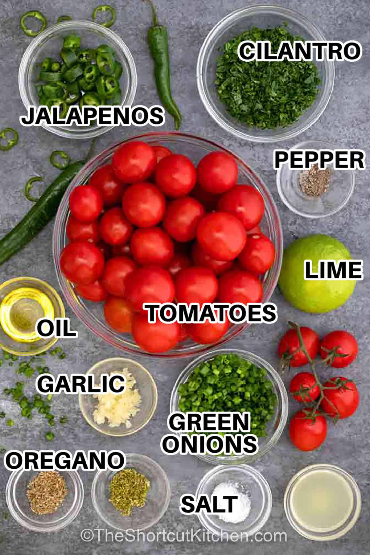 tomatoes , jalapenos , cilantro , pepper , garlic , oil , oregano , salt , lime , green onions ingredients in bowls with labels to make tomatoes , jalapenos , cilantro , pepper , garlic , oil , oregano , salt , lime , green onions with labels to make Best Homemade Salsa Recipe