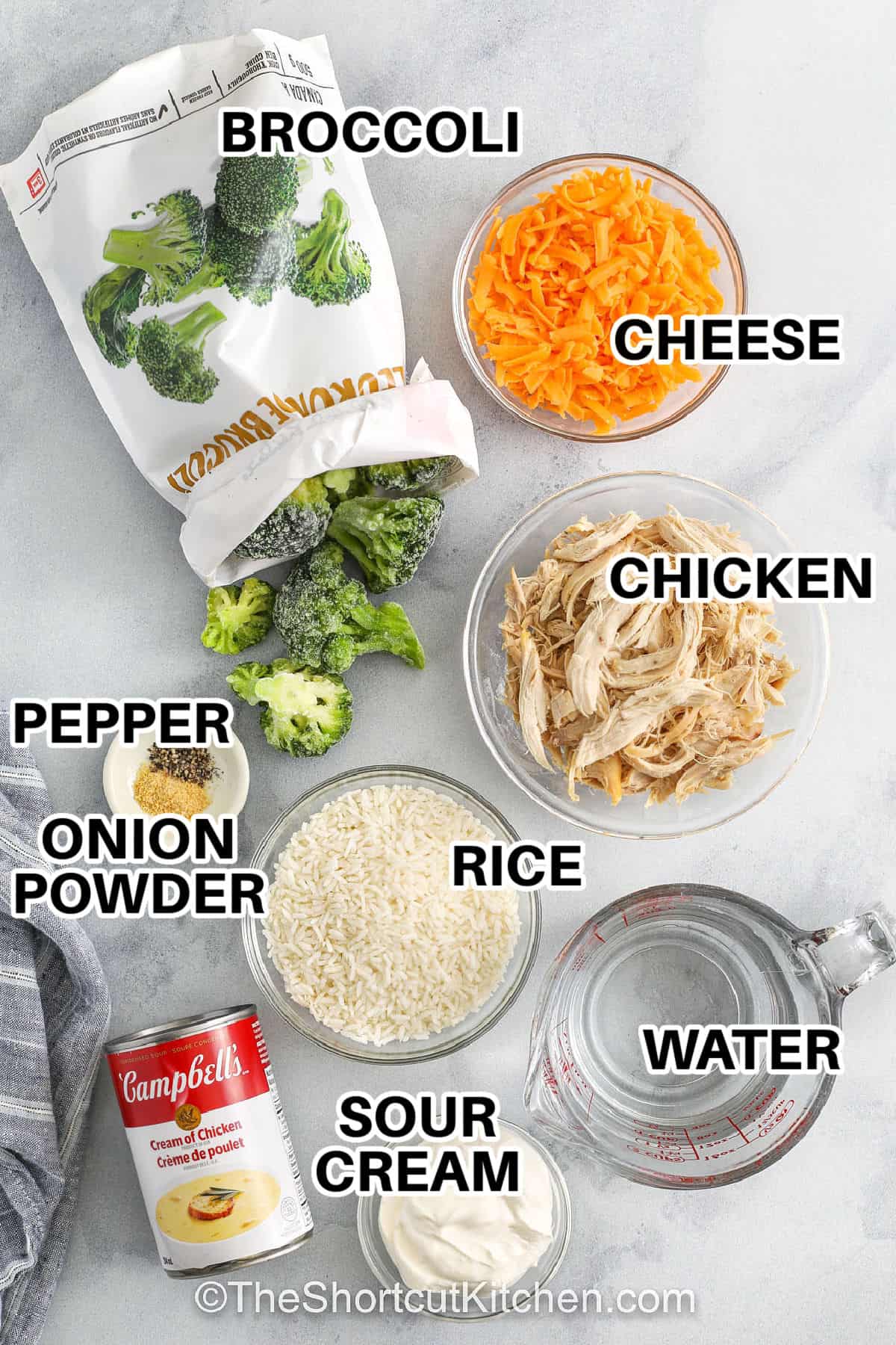 broccoli, cheese , chicken , pepper , onion powder , rice , cream of chicken soup , sour cream , water with labels to make Broccoli Chicken And Rice Casserole