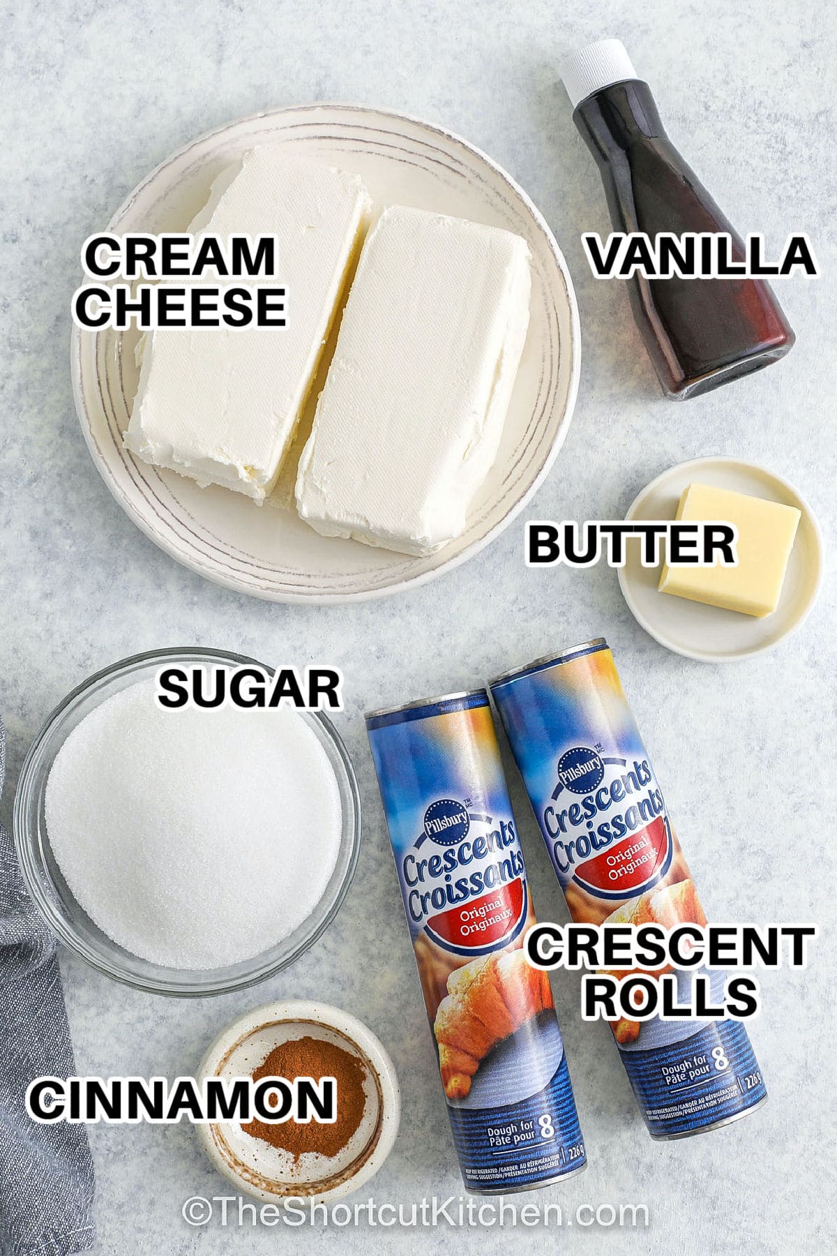 crescent rolls dough , cinnamon , sugar , butter , cream cheese and vanilla to make Cream Cheese Squares