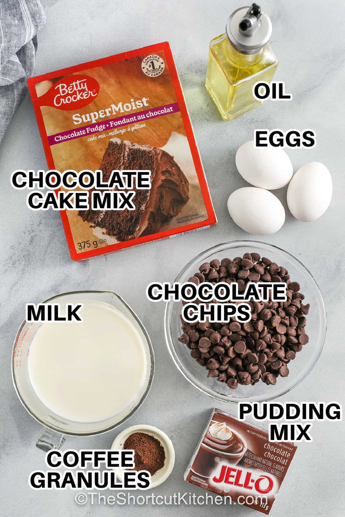 chocolate cake mix , milk , coffee granules , pudding mix , chocolate chips , eggs , oil with labels to make Crockpot Lava Cake