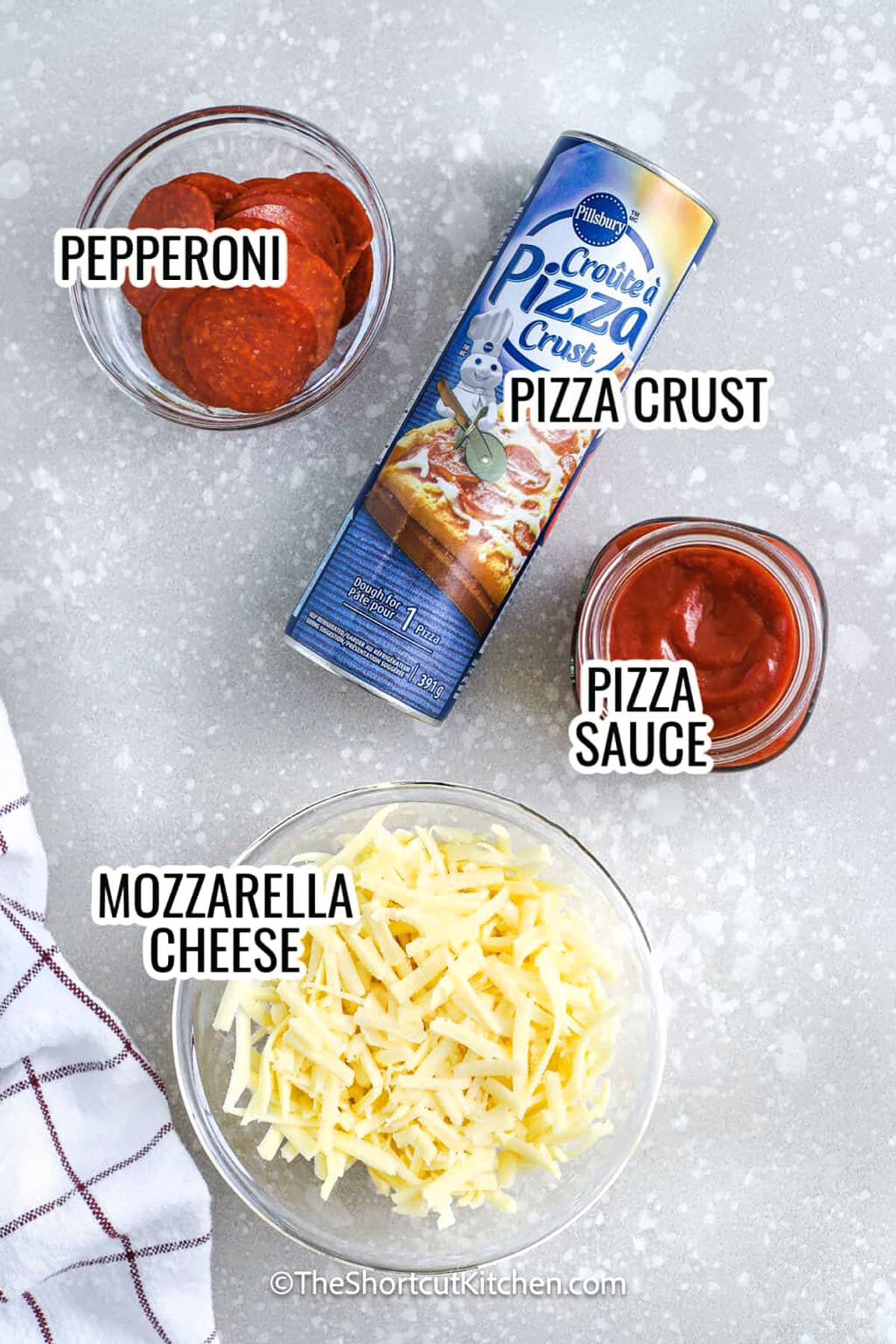 pepperoni , pizza crush , pizza sauce , mozzarella cheese with labels to make Grilled Pizza