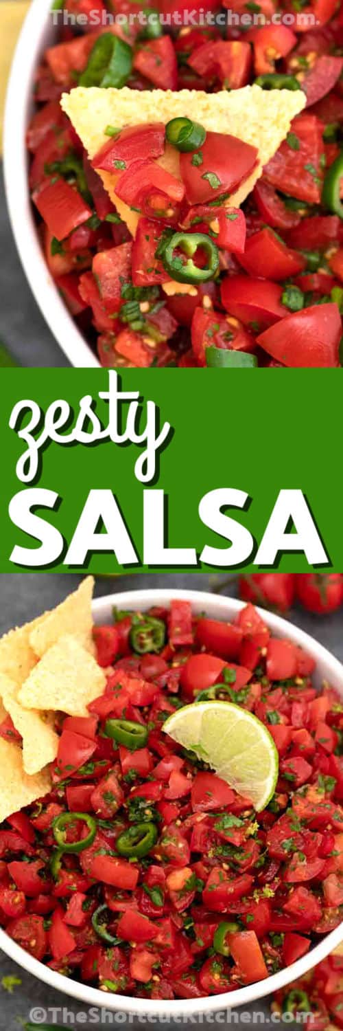 tomatoes , jalapenos , cilantro , pepper , garlic , oil , oregano , salt , lime , green onions with labels to make Best Homemade Salsa Recipe in a bowl and close up with a title