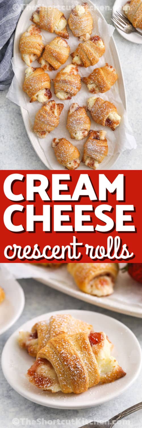 This cream cheese crescent rolls recipe makes an easy and delicious pastry that’s perfect for dessert or a sweet snack. Flaky crescent roll dough is filled with sweetened cream cheese and your favorite fruit jam or pie filling. Use cherry, blueberry, apple, or strawberry. Sprinkle with cinnamon or drizzle with chocolate for a bakery-style danish. It’s a fun recipe to make and even better to eat! #theshortcutkitchen Cream Cheese Crescent Rolls on a platter and a few piece plated with a title