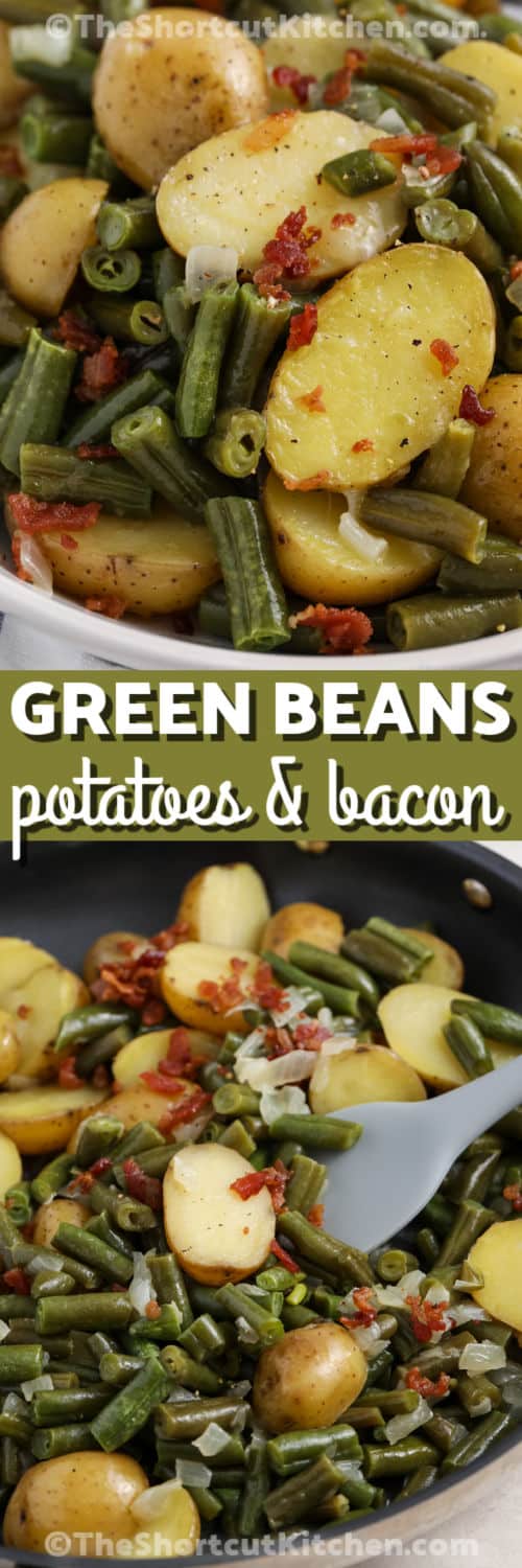 Green Beans With Potatoes in the pan and plated with a title