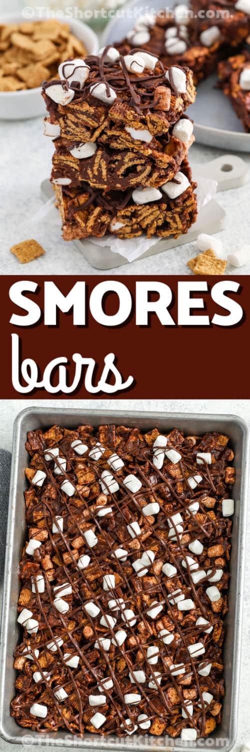 Smores Bars in the dish and pieces in a stack with a title