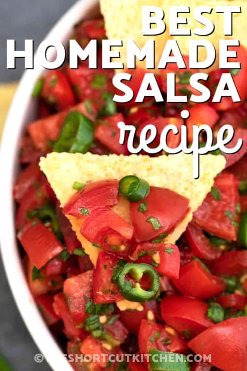 tomatoes , jalapenos , cilantro , pepper , garlic , oil , oregano , salt , lime , green onions with labels to make Best Homemade Salsa Recipe on tortilla chips and in a bowl with a title