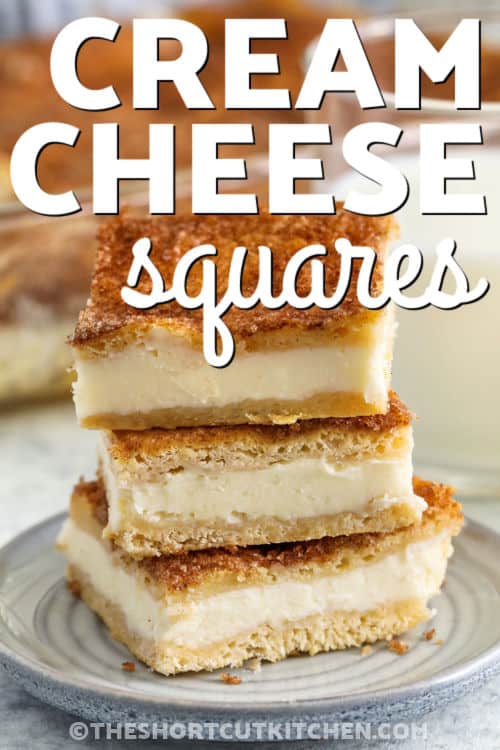 close up of plated Cream Cheese Squares with a title