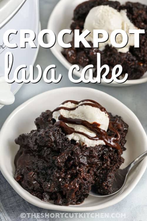 moist Crockpot Lava Cake in bowls with ice cream and a title
