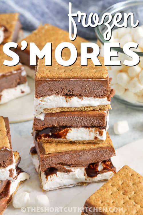 Frozen S'mores in a stack with a title