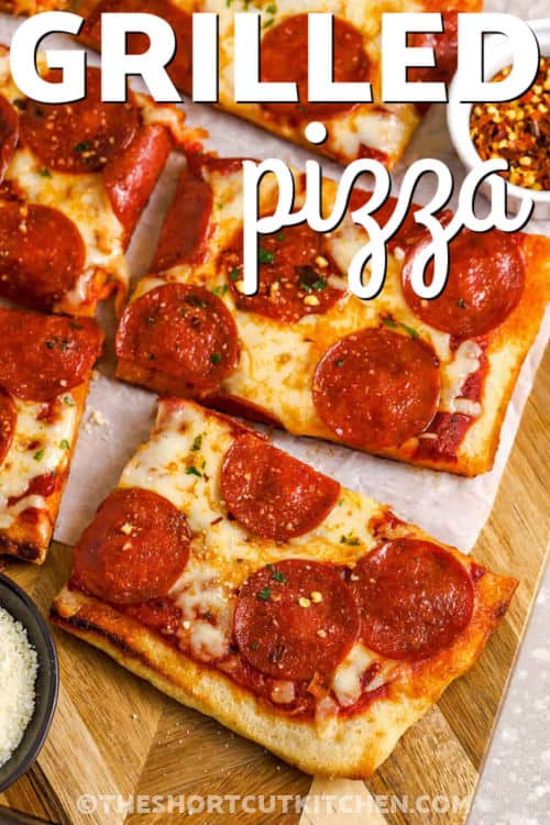 close up of cheesy Grilled Pizza slices with a title