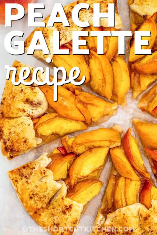 This peach galette recipe is one of those rustic desserts that feels special but is so easy to make. It starts with a flaky, buttery crust and gets filled with fresh peach slices tossed in brown sugar and warm spices. The golden edges bake up crisp while the juicy fruit stays sweet and tart in the middle. It's the perfect open-face treat to enjoy during the summer months with a scoop of vanilla on the side. This is homemade goodness at its best. #theshortcutkitchen sliced Peach Galette Recipe with a title