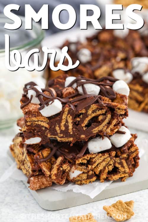 close up of Smores Bars with a title