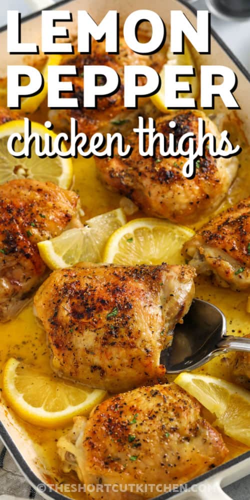taking a piece of Lemon Pepper Chicken Thighs out of the dish with a title