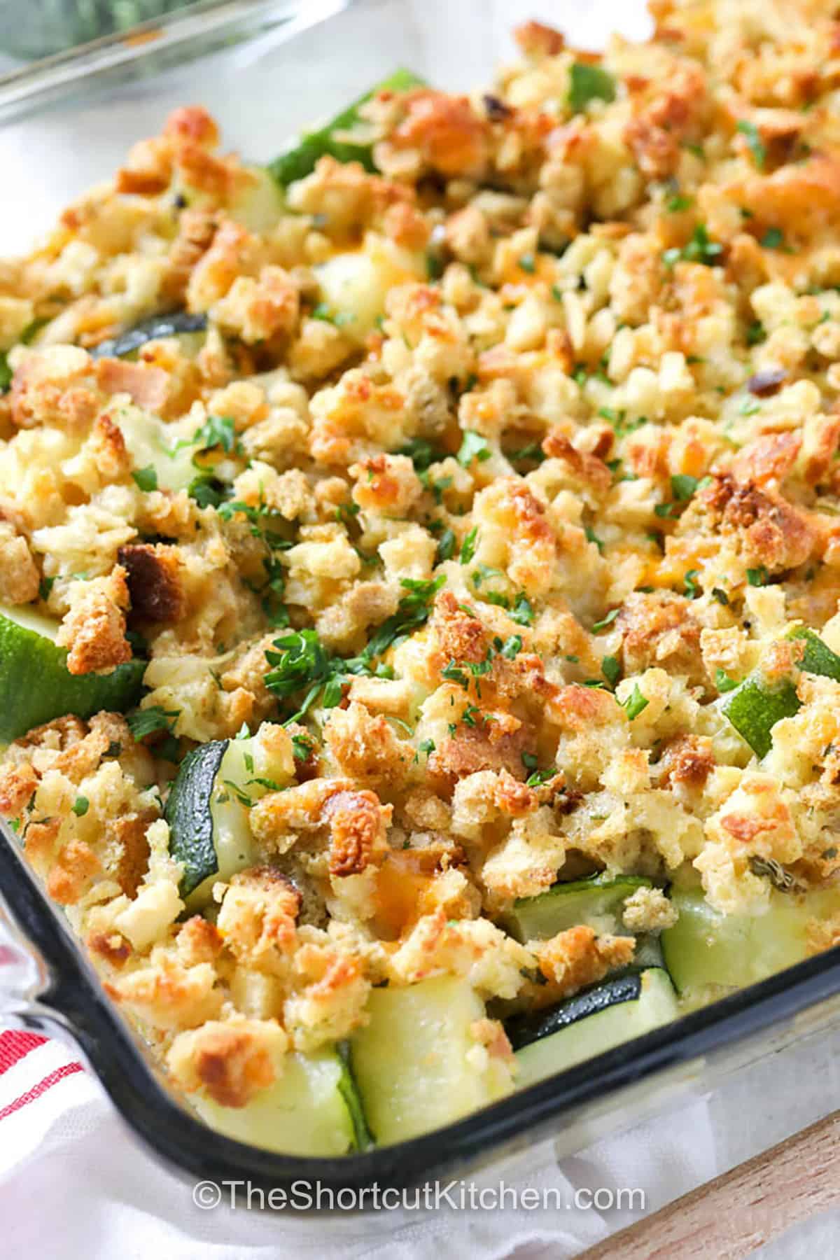 casserole dish full of Zucchini Squash Casserole
