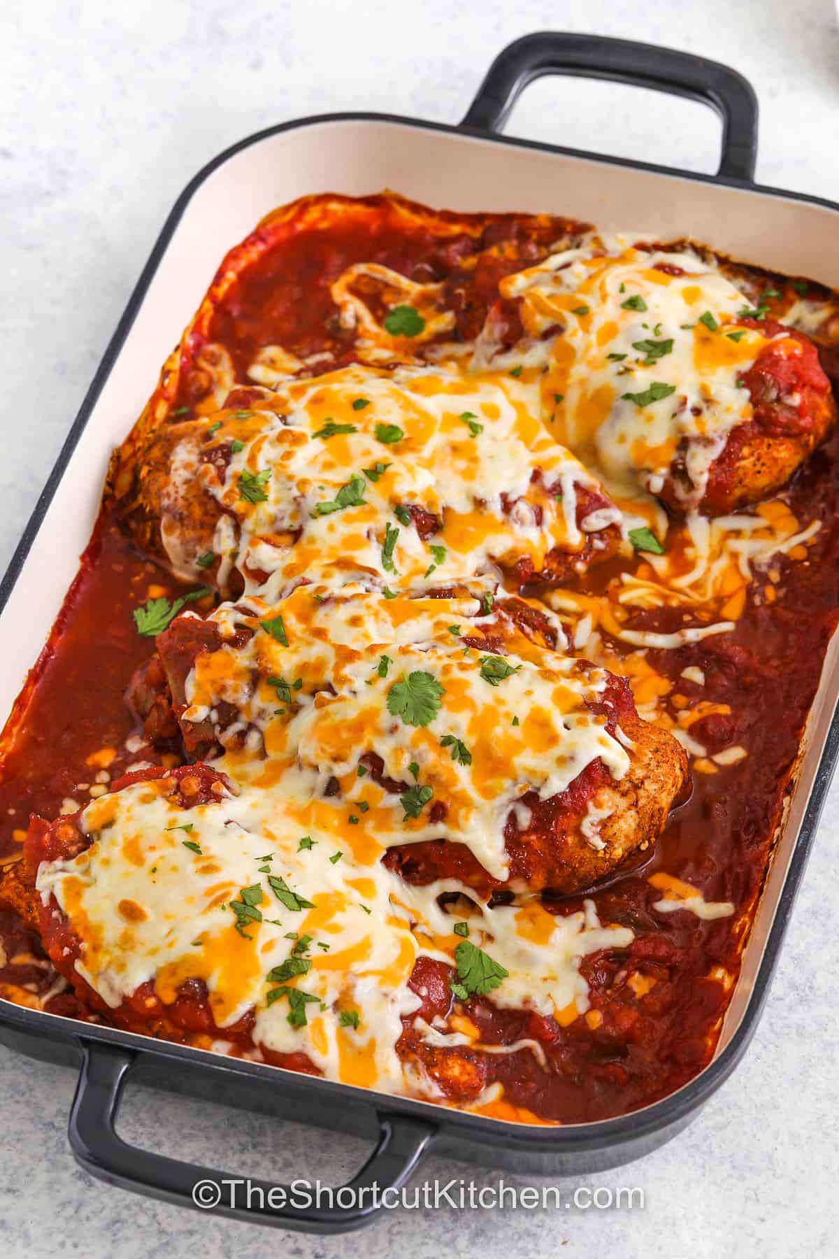 casserole dish of Baked Salsa Chicken