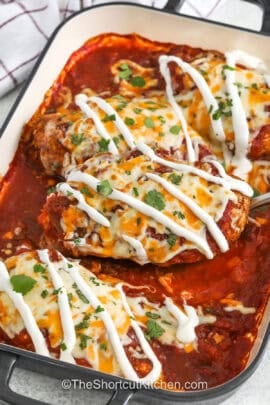 Baked Salsa Chicken drizzled with sour cream