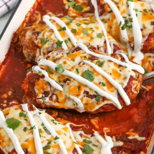 Baked Salsa Chicken drizzled with sour cream