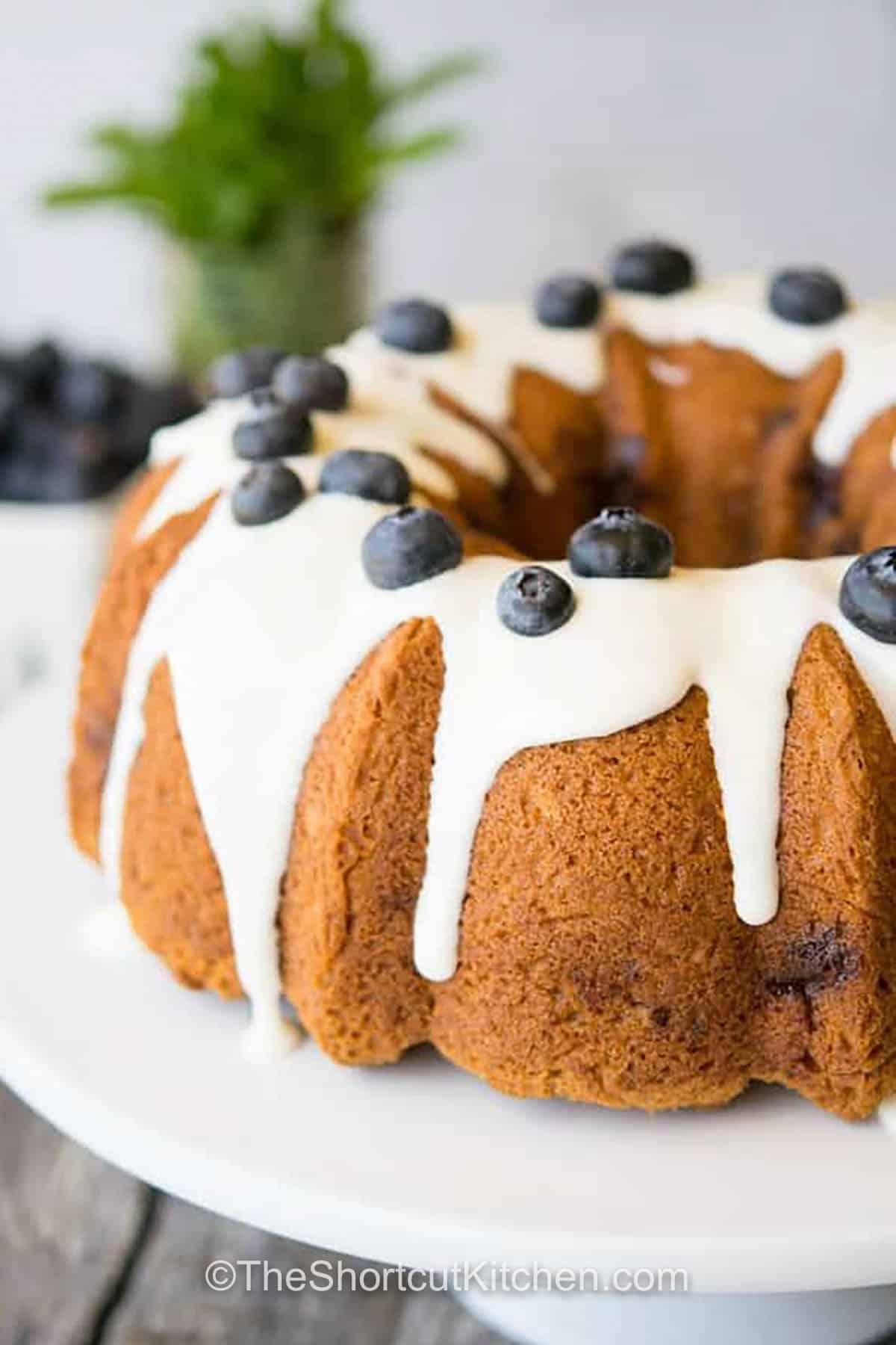 blueberry coffee cake on a plate with glaze and blueberries on top