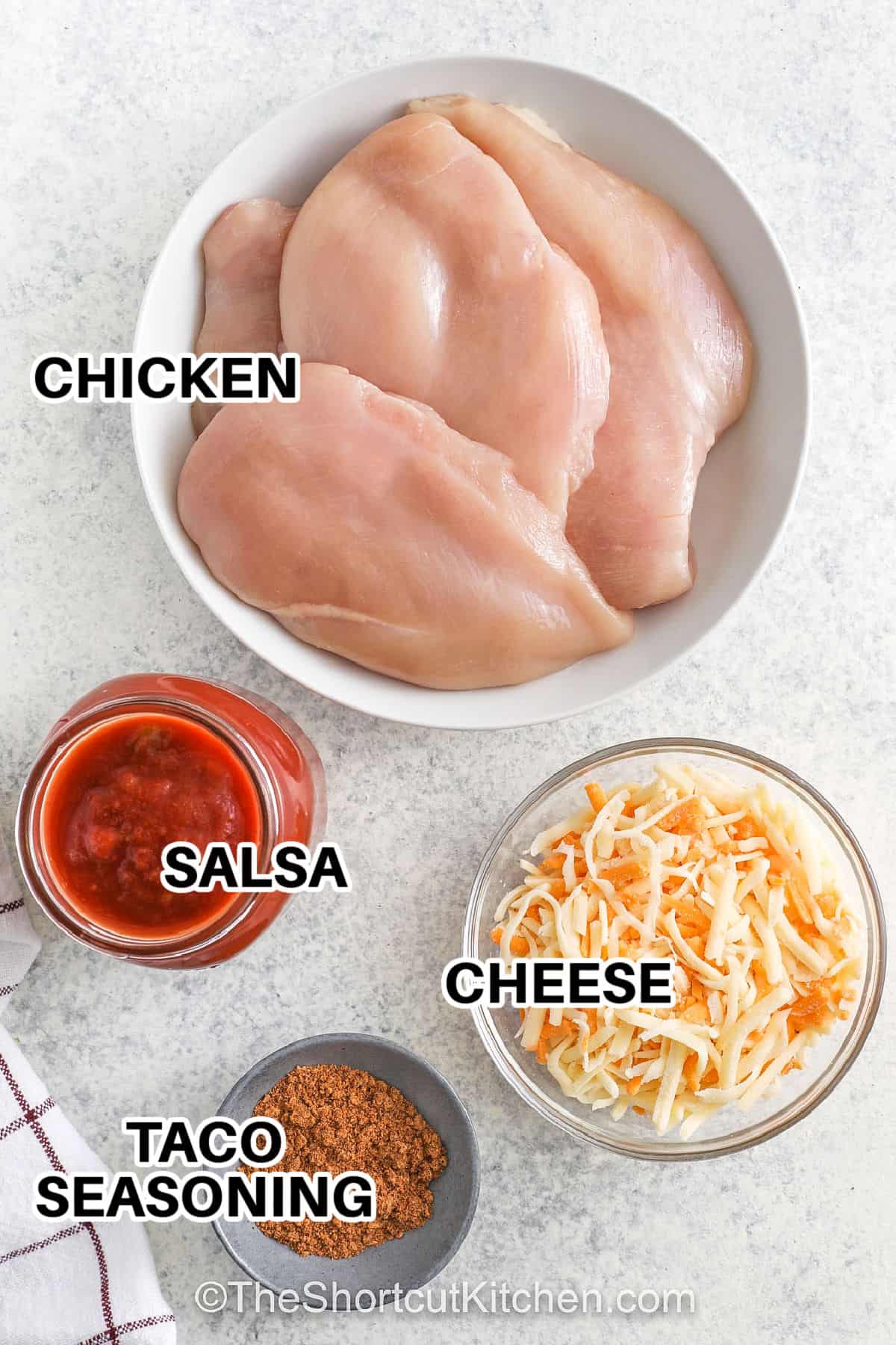 salsa , cheese , chicken , taco seasoning with labels to make Baked Salsa Chicken
