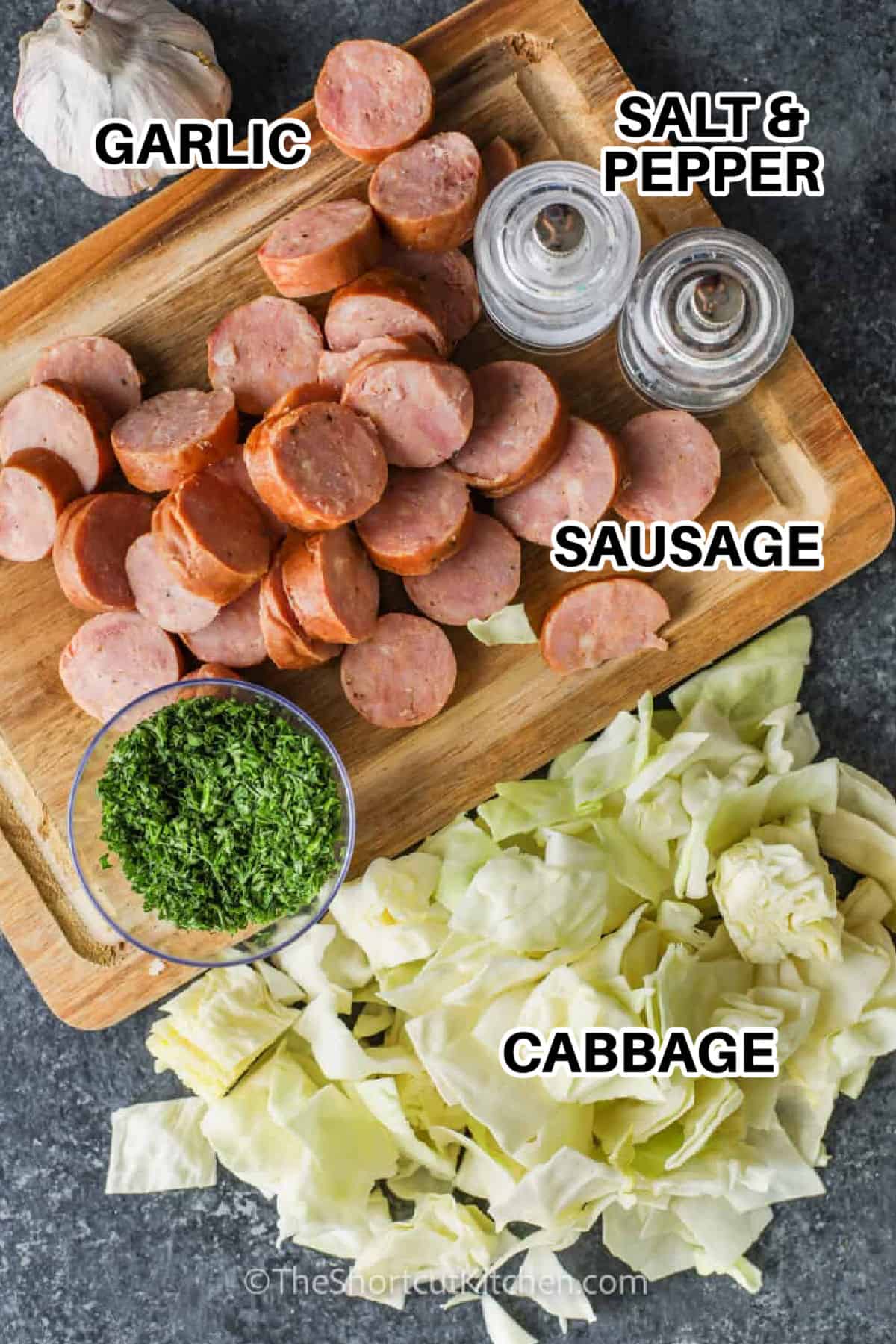 labelled ingredients for fried cabbage and sausage