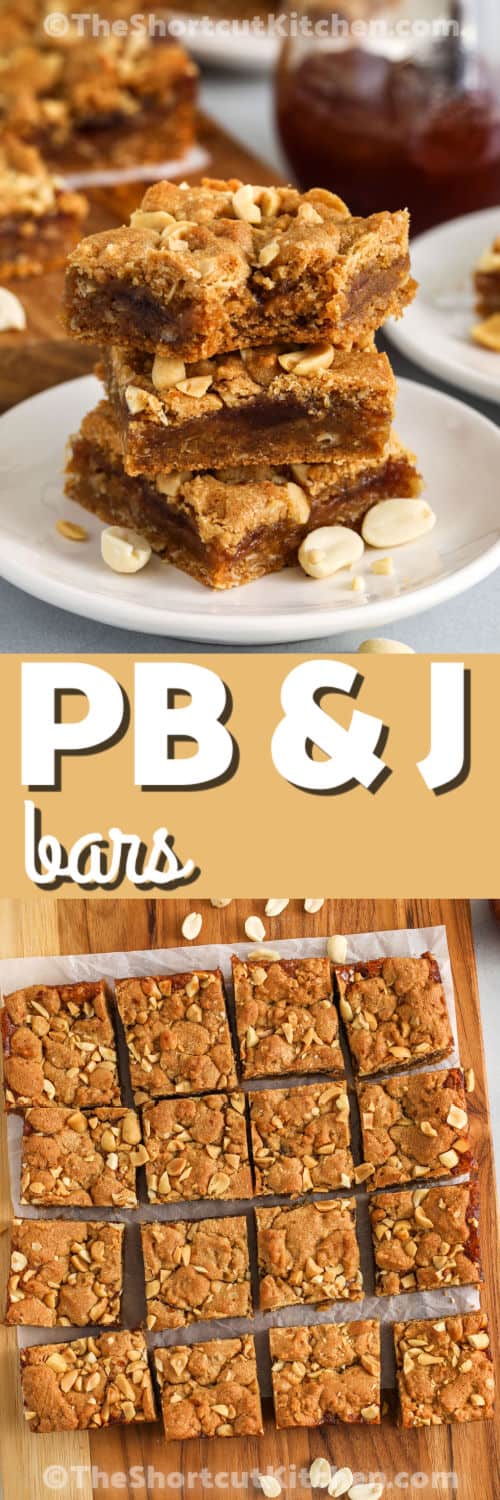 Peanut Butter and Jelly Bars sliced on a cutting board and in a stack on a plate with a title