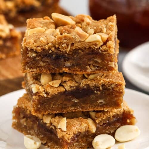 close up of Peanut Butter and Jelly Bars in a stack