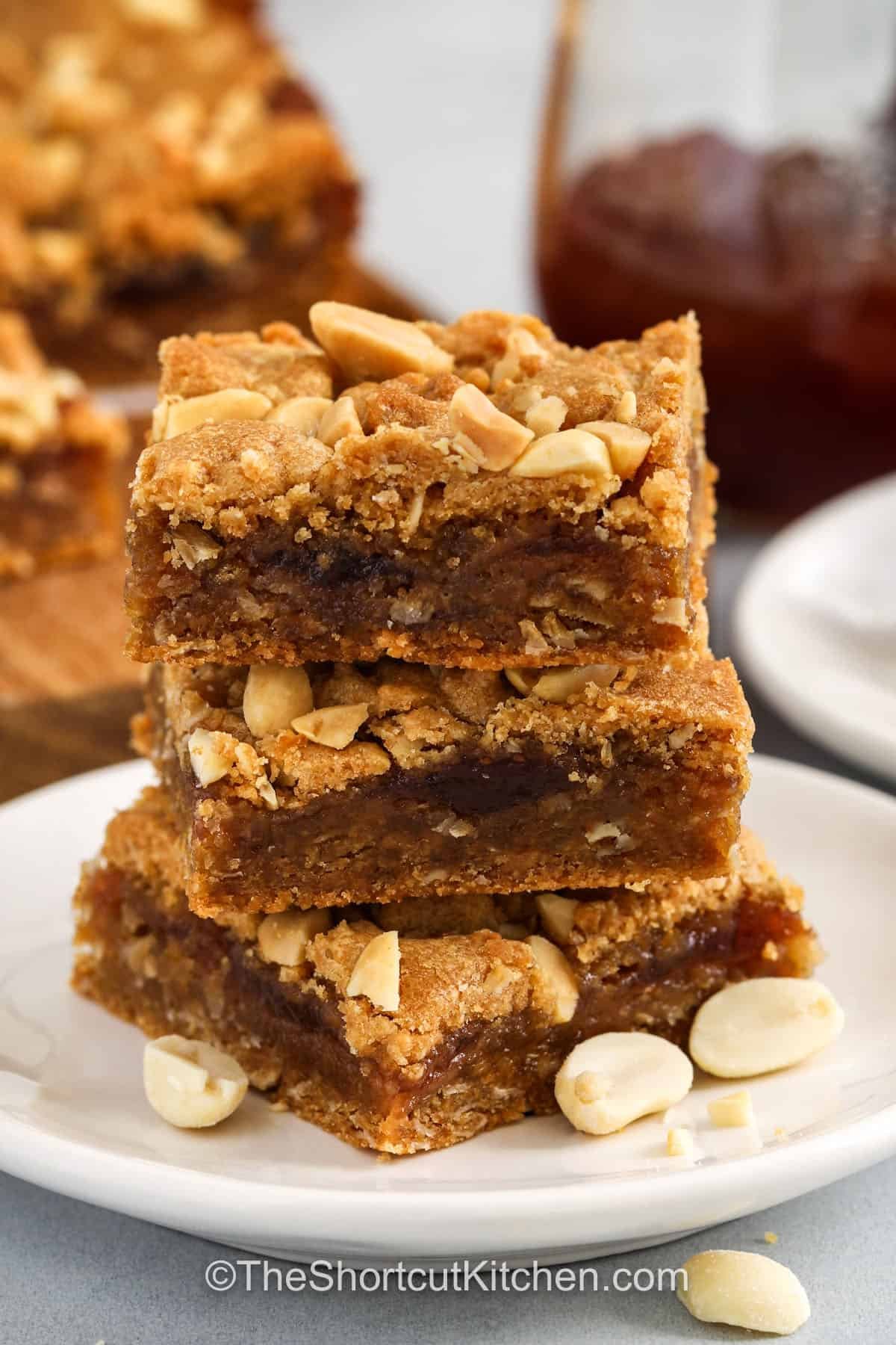 close up of Peanut Butter and Jelly Bars in a stack