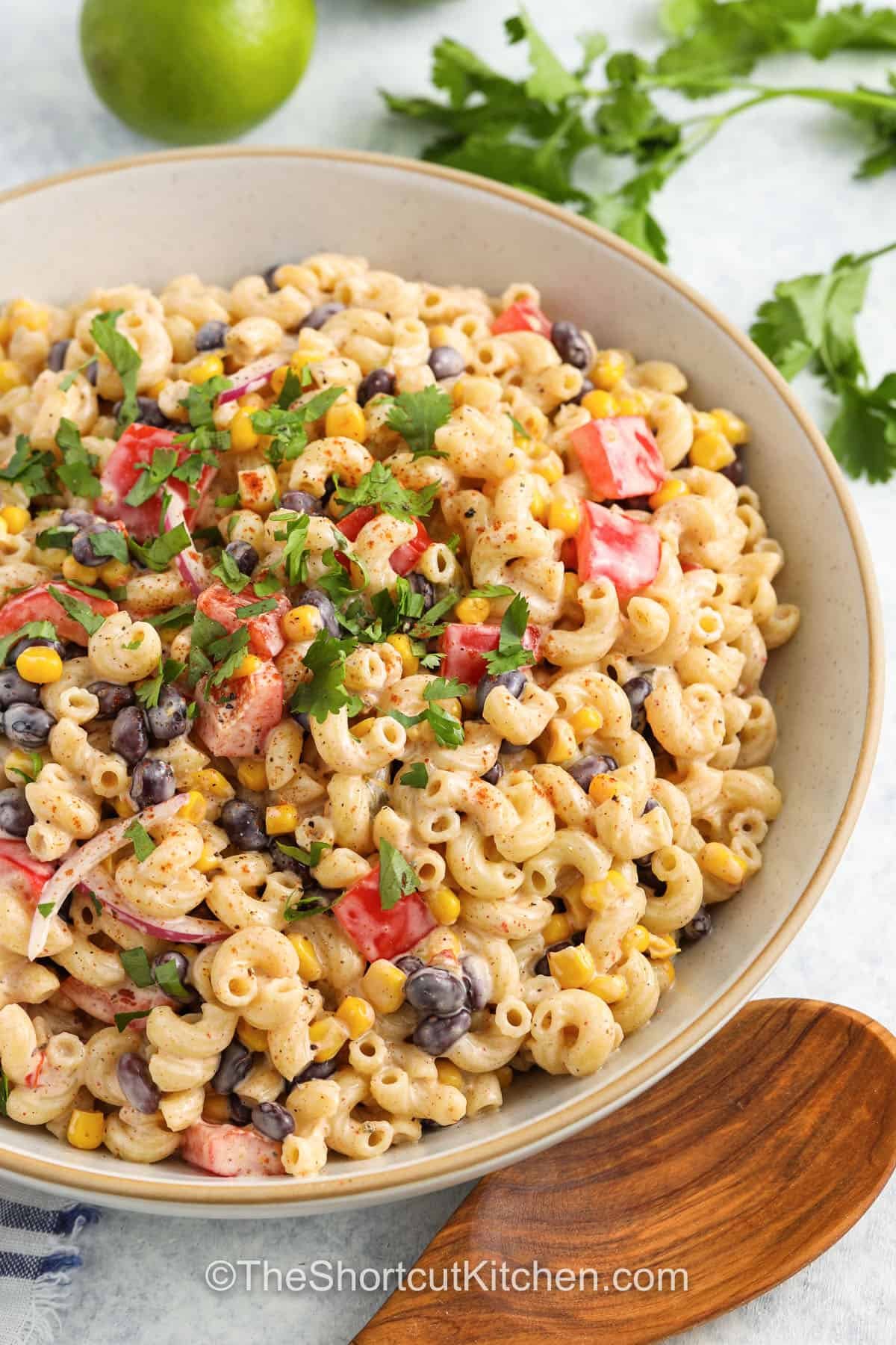 close up of Southwest Pasta Salad in a bowl