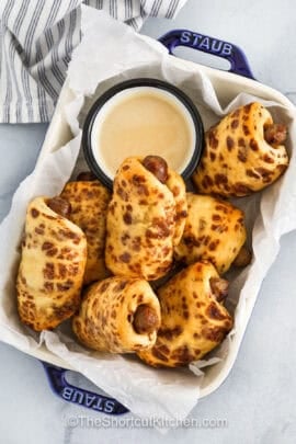 top view of Breakfast Pigs in a Blanket in a dish