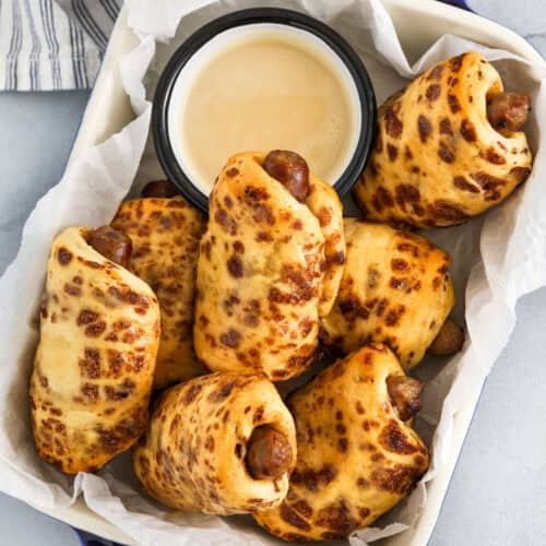 top view of Breakfast Pigs in a Blanket in a dish