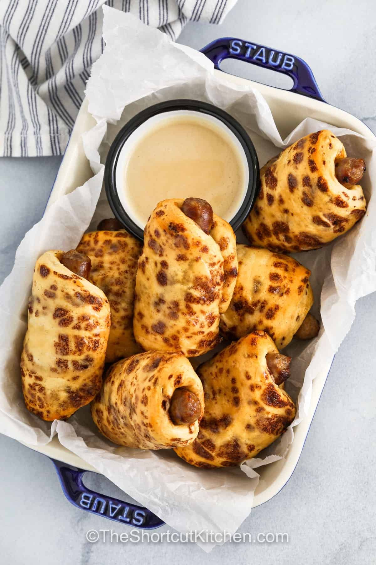 top view of Breakfast Pigs in a Blanket in a dish