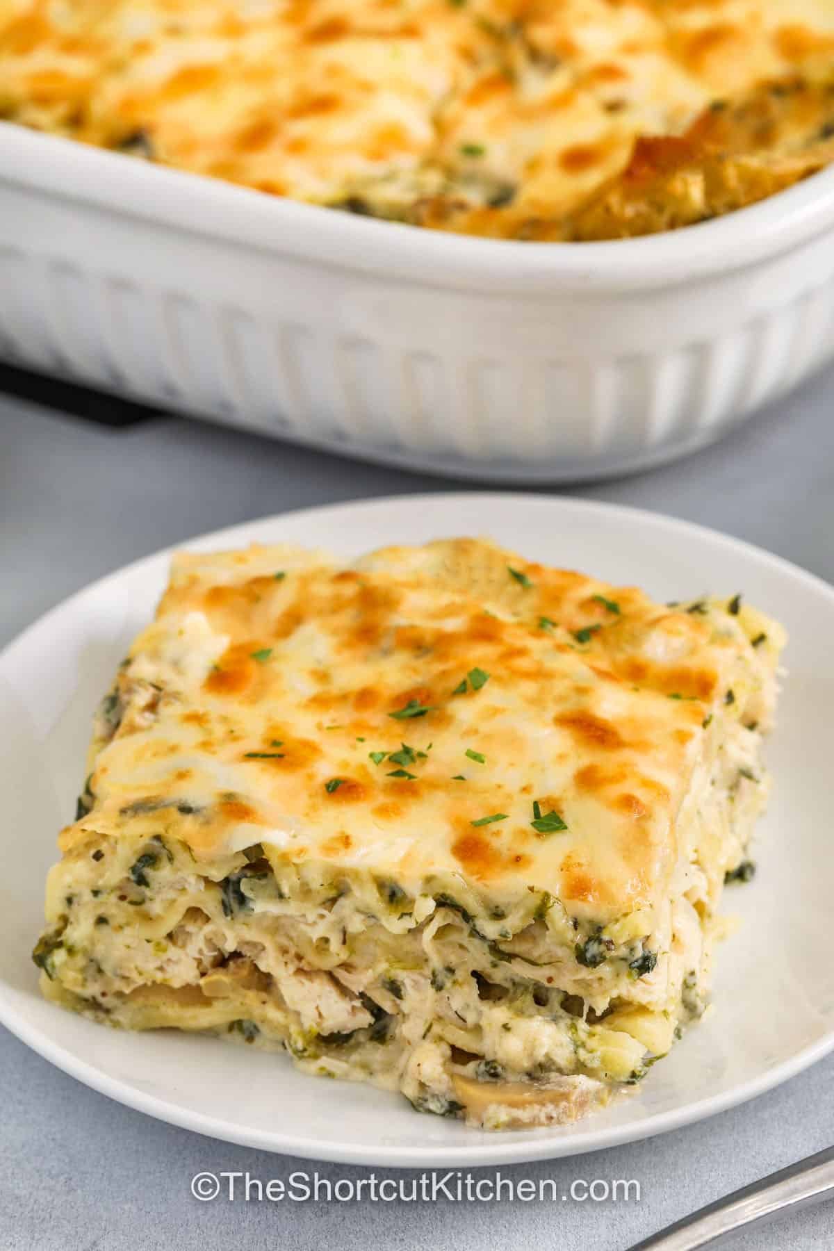 This chicken Alfredo lasagna recipe is an easy dinner that layers tender rotisserie chicken, spinach, and creamy white sauce with noodles. This baked casserole is simple to make, cooks up golden and bubbly, and brings the comforting flavors of homemade Italian cooking right to your table. It’s quick enough for weeknights yet special enough for company, and every cheesy, saucy bite is full of flavor. Serve it with garlic bread for a complete meal. #theshortcutkitchen cheesy Chicken Alfredo Lasagna Recipe on a plate with casserole dish full