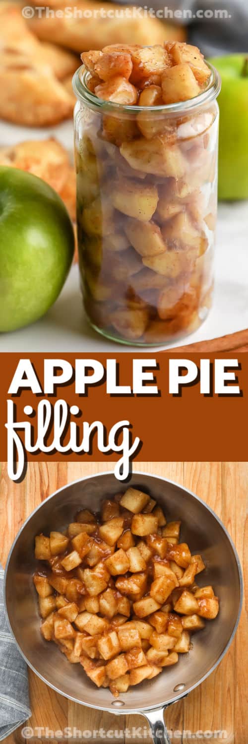 You’ll love this easy apple pie filling for all kinds of homemade desserts. Fresh apples are cooked from scratch on the stovetop with sugar, butter, and spices for a cozy and simple treat. It’s a quick recipe that takes only minutes to make, and it tastes so much better than store-bought cans. Prepare it ahead and keep it in the fridge or freezer for pies, crisps, or turnovers. #theshortcutkitchen Easy Apple Pie Filling in a pan and in a jar