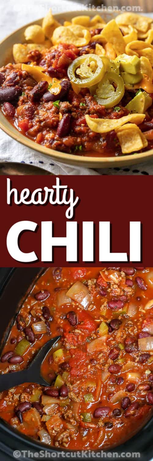 Easy Slow Cooker Chili in the pot and plated with a title