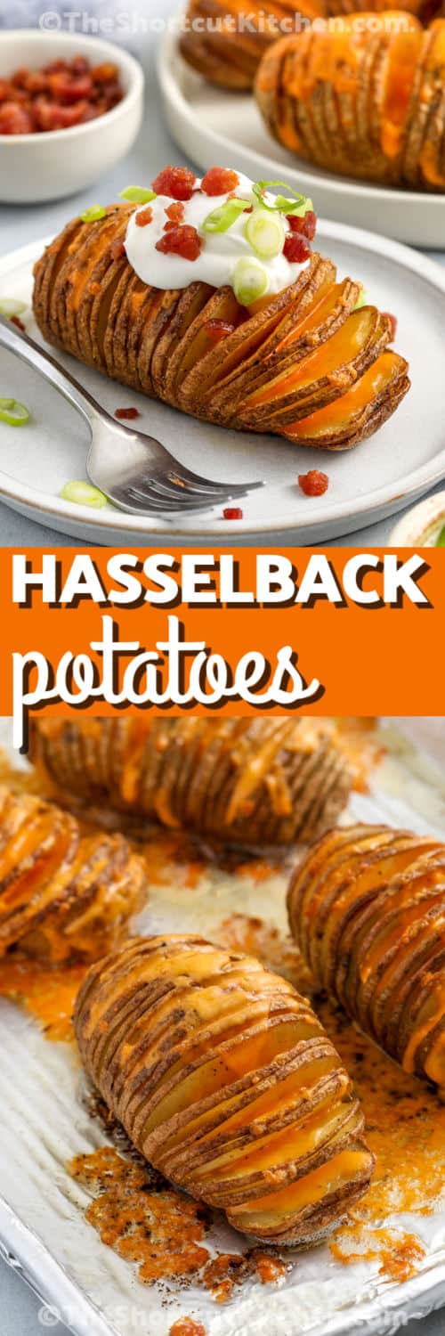 Make your dinner shine with this easy Hasselback potatoes recipe, full of crispy edges and cheesy flavor. Russet potatoes are sliced thin, layered with garlic butter, and roasted in the oven until tender inside and crunchy outside. Sprinkle bacon and cheese in between the slices for a holiday-worthy side dish. It’s the best way to turn a simple potato into something special. #theshortcutkitchen. Hasselback Potatoes Recipe on a sheet pan and plated and a title