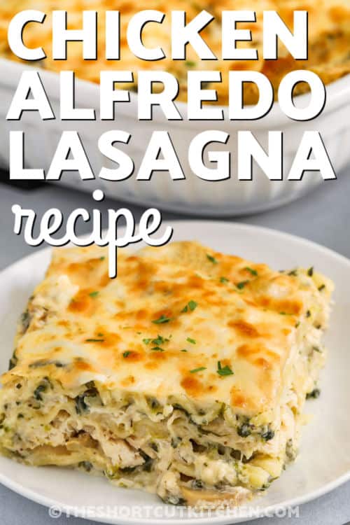 slice of Chicken Alfredo Lasagna Recipe on a plate with a title