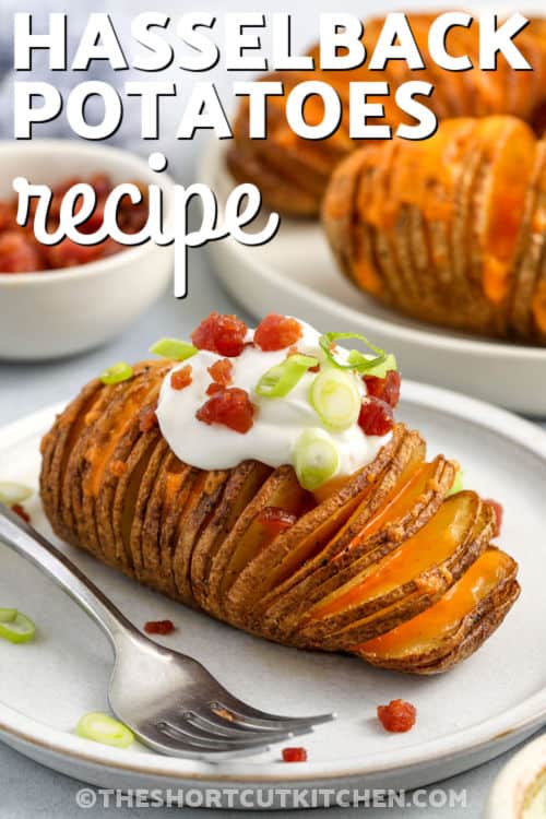 Try this easy Hasselback potatoes recipe with cheese and bacon for an upgrade to baked potatoes. Russet potatoes are thinly sliced, spread with butter, stuffed with cheese and bacon, and oven baked until the edges are crispy and center is creamy and sweet. It’s the best way to make a holiday dinner feel extraw special. Hasselback potatoes are easy to make, and can be an elegant side dish, or even a simple entree. #theshortcutkitchen. Hasselback Potatoes Recipe with sour cream and bacon with a title