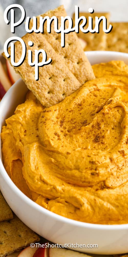pumpkin dip in a serving bowl with a title