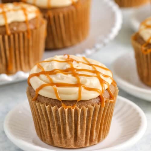 moist Salted Caramel Cupcakes with caramel drizzle