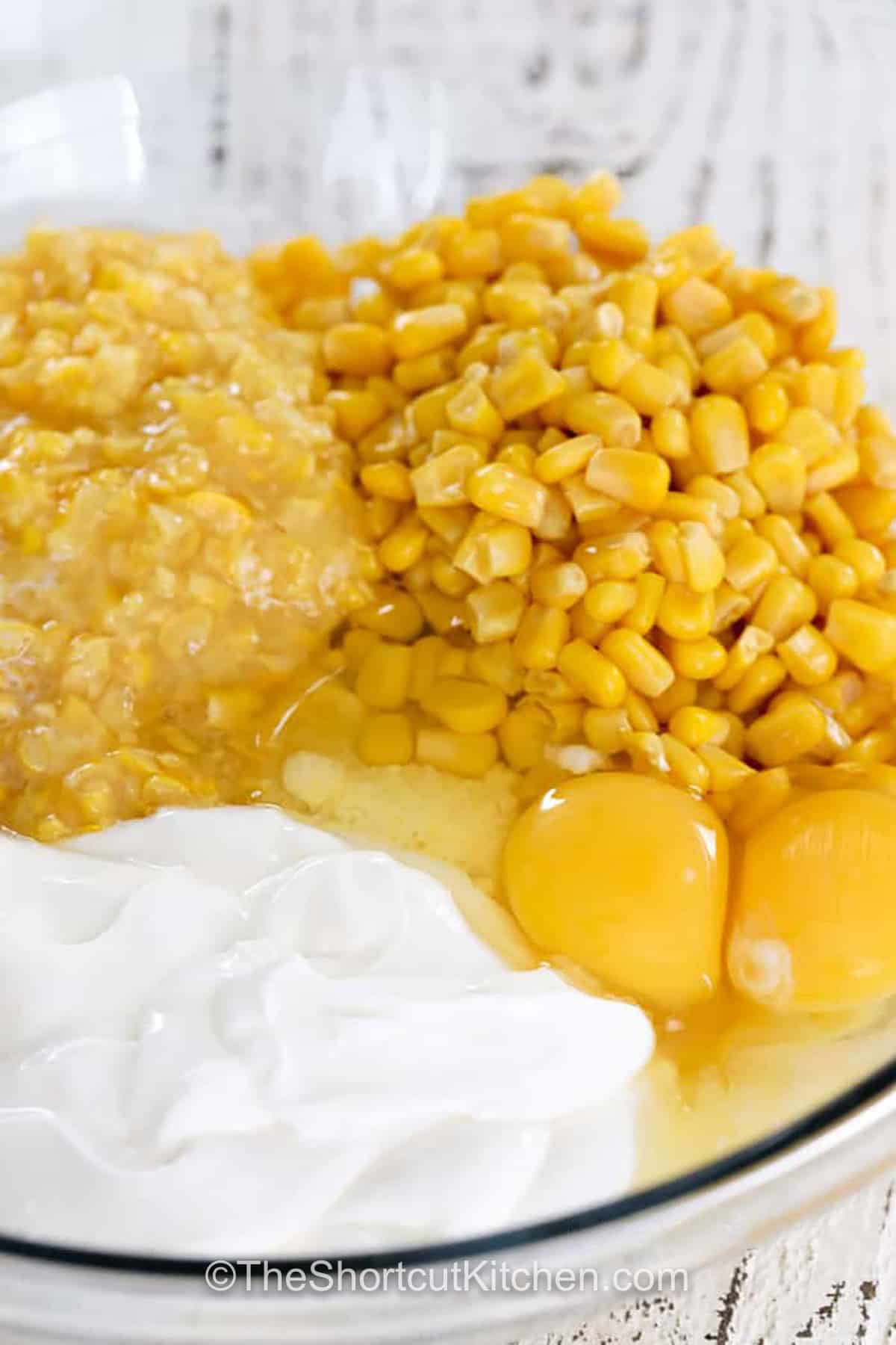 ingredients in bowl to make Creamed Corn Casserole