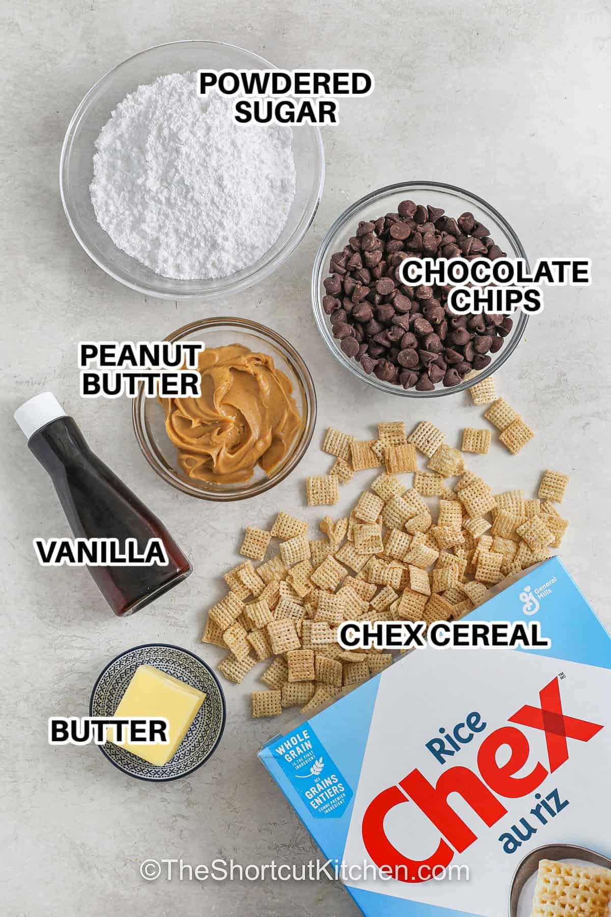 Make snack time exciting with this muddy buddies recipe. It’s a great way to get kids involved in the kitchen, with simple steps, safe ingredients, and a sweet reward at the end. Add colorful sprinkles or candies to make it festive, or stick with the classic version for nostalgic comfort. It’s the kind of recipe that becomes tradition after one try and vanishes as fast as you make it. #theshortcutkitchen Ingredients to make muddy buddies labeled: chex cereal, butter, vanilla, peanut butter, chocolate chips, and powdered sugar