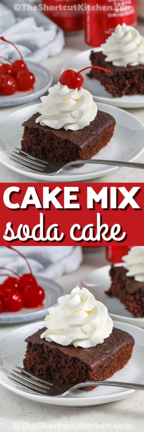 Cake mix soda cake takes a box of mix and a can of pop and turns them into a light, fluffy dessert. It’s a fun, two-ingredient recipe that’s perfect for parties, birthdays, or anytime you want something sweet. The soda adds a bubbly lift that makes the texture just right. You can finish it with fruit or frosting for a simple, homemade touch. #theshortcutkitchen Cake Mix Soda Cake with whipped cream and close up of slice on a plate with whipped cream and a cherry and a title