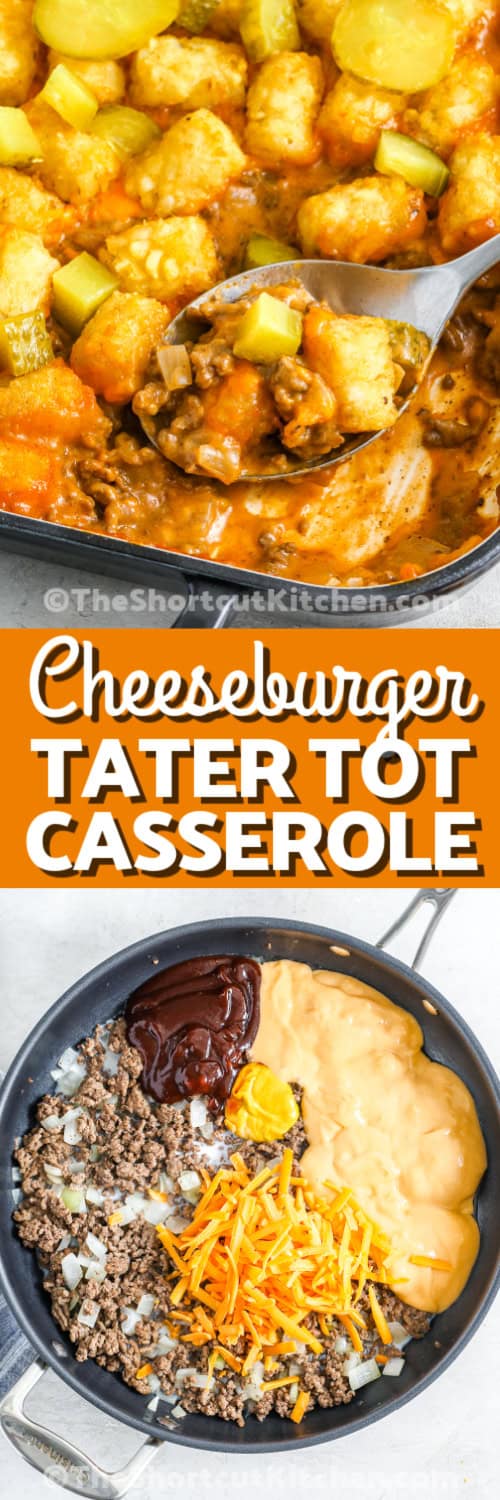 This cheeseburger tater tot casserole is a crowd-pleaser that layers hearty browned beef, creamy cheddar soup mixed with milk and mustard, tangy barbecue sauce, shredded cheddar, and a blanket of tater tots that bake to golden perfection. It’s the ultimate cheesy, savory, and comforting meal that turns simple ingredients into a delicious, indulgent dish everyone will fight over at the table. #theshortcutkitchen Top image - cheeseburger tater tot casserole being scooped out of a casserole dish. Bottom image - cheeseburger tater tot casserole filling in a sauce pan with a title