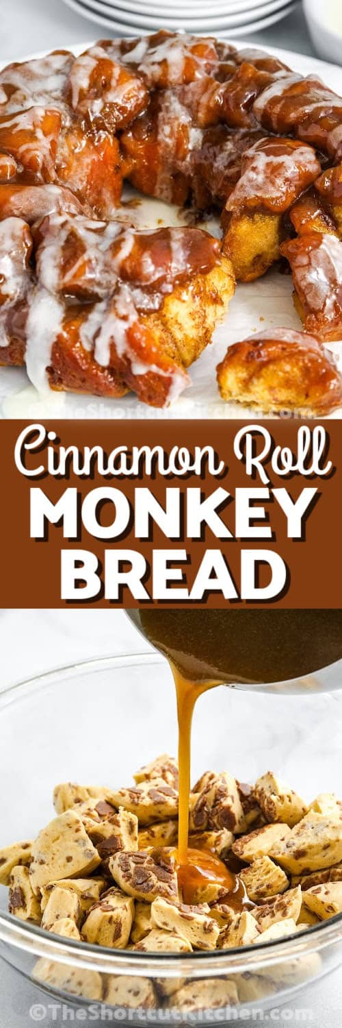 Cinnamon roll monkey bread transforms basic ingredients into a sweet, buttery masterpiece. This easy recipe uses refrigerated rolls and a homemade brown sugar and cream sauce to create a soft, pull-apart, gooey, and sticky treat. After you bake it until golden, top with the included icing for a glazed, crowd-pleasing finish. Perfect for breakfast, holiday brunches, or anytime indulgence, it's one of the best things you can make fast. #theshortcutkitchen top image - Cinnamon Roll Monkey Bread drizzled with icing. Bottom image - brown sugar sauce being poured over refrigerated cinnamon rolls with a title.
