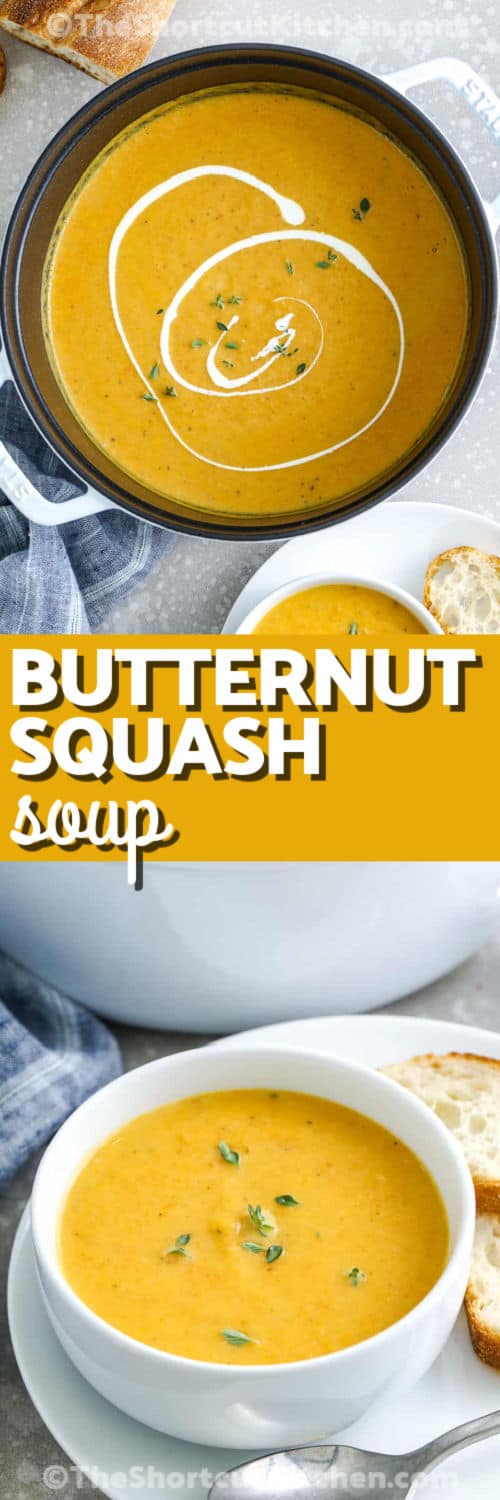 This curried butternut squash soup is the ultimate cozy fall comfort food, creamy and sweet with a gentle kick of spice. Coconut milk and a splash of cream make it rich and velvety, while the curry brings a warm, savory depth. It’s smooth, satisfying, and full of warm harvest color. This simple recipe is easy to make and tastes like homemade goodness in every bowl. #theshortcutkitchen Curried Butternut Squash Soup in a pot and in a bowl with a title