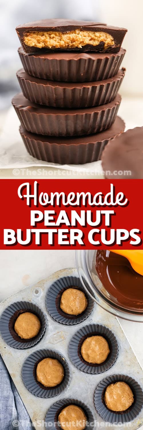 With just three key ingredients, these no bake peanut butter cups come together in under an hour and taste amazing. The rich chocolate shell pairs perfectly with the creamy, salty-sweet peanut butter filling. This DIY dessert is the best for parties, holidays, or snacking straight from the freezer. Customize with crushed pretzels or sea salt for added texture. #theshortcutkitchen five homemade peanut butter cups stacked, and the process to making peanut butter cups under the title