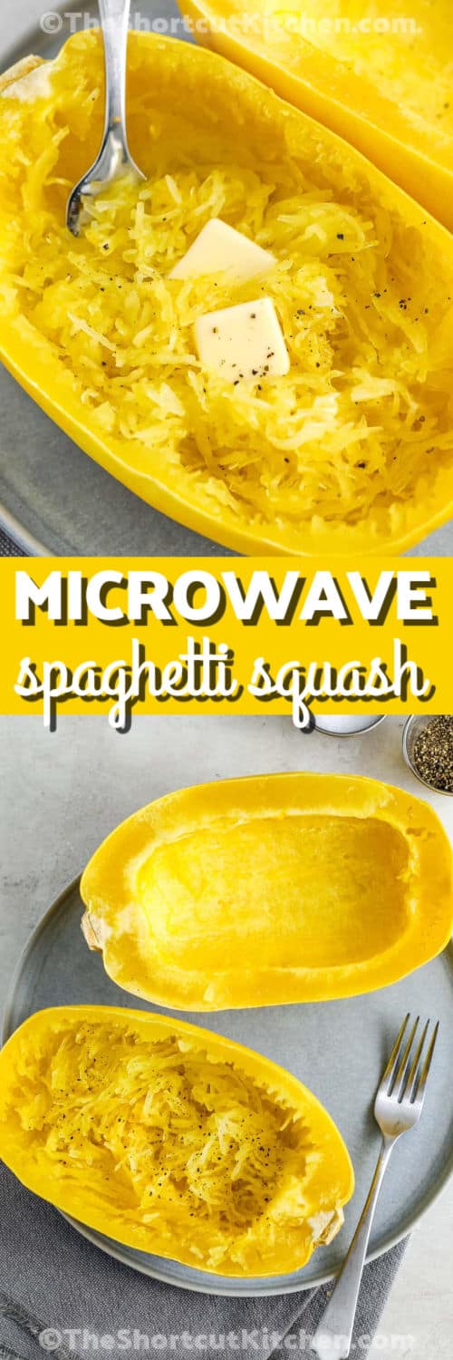 Microwave spaghetti squash makes a quick, healthy side dish that works with almost any meal. This easy recipe shows you how to prep and cook the squash until the strands are tender and flavorful. It is one of the best ways to enjoy this vegetable without the need for the oven. Serve with butter and seasonings or make it the base for your favorite sauce. The whole process is simple, making this veggie a go-to choice for busy days. #theshortcutkitchen Microwave Spaghetti Squash on a plate and close up photo with writing