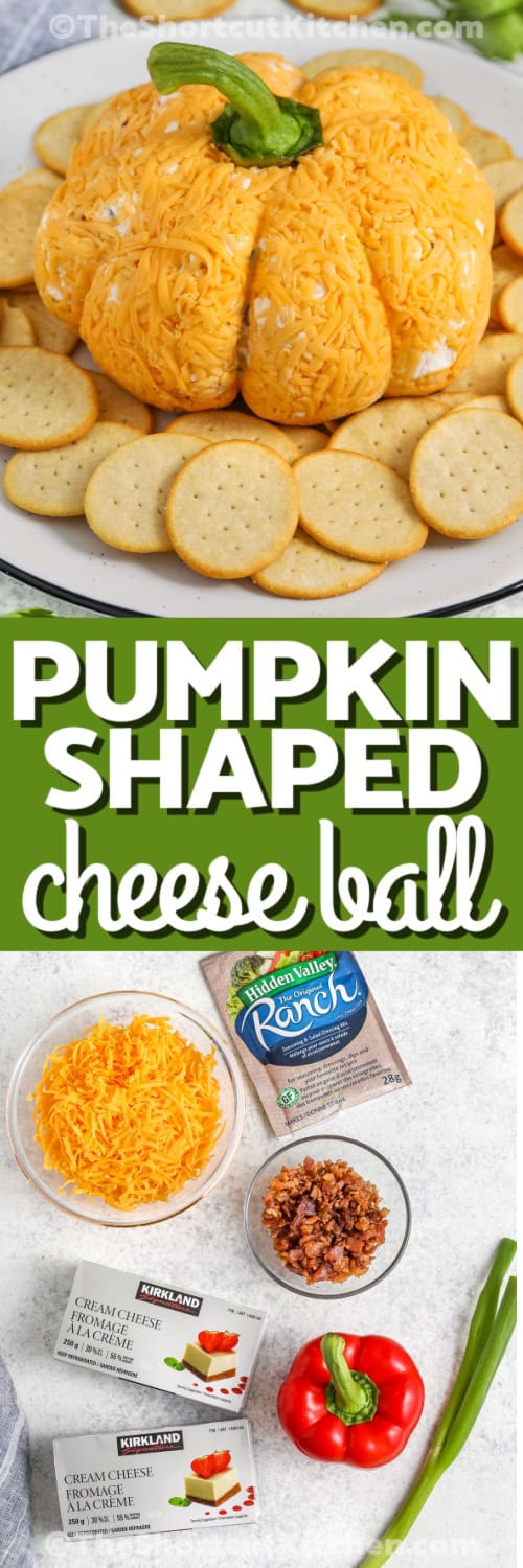 ingredients to make pumpkin cheese ball and pumpkin cheese ball on a plate with crackers and a title