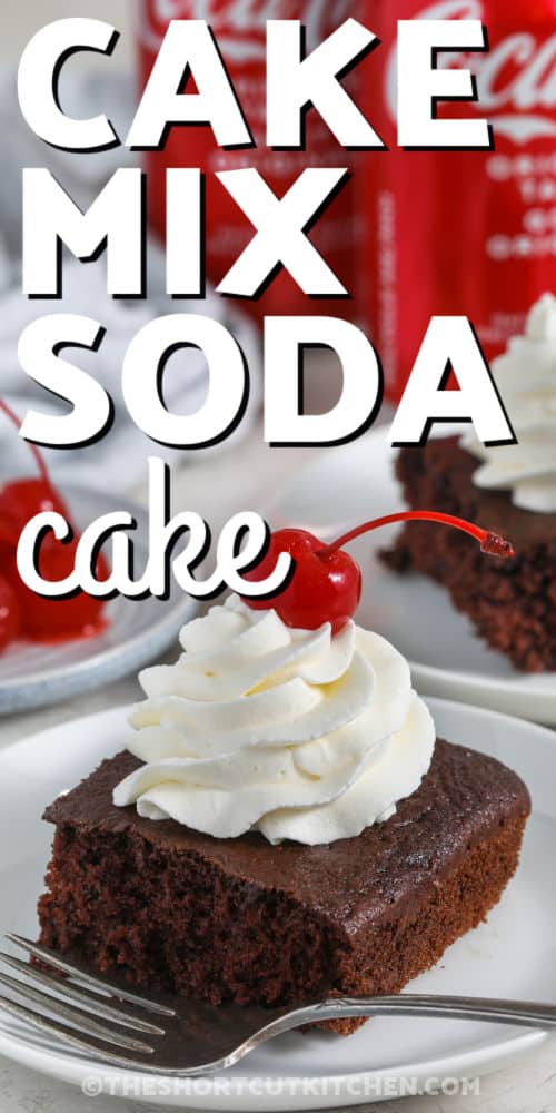 Cake mix soda cake is a simple recipe made with a box of mix and a can of soda. It bakes up soft and fluffy, perfect for birthdays, parties, or just because you want dessert. Add whipped topping, frosting, or fruit to make it your own. This easy baking idea turns two ingredients into something sweet, special, and totally satisfying. Everyone will love it from the first bite. #theshortcutkitchen plated slice of Cake Mix Soda Cake with writing